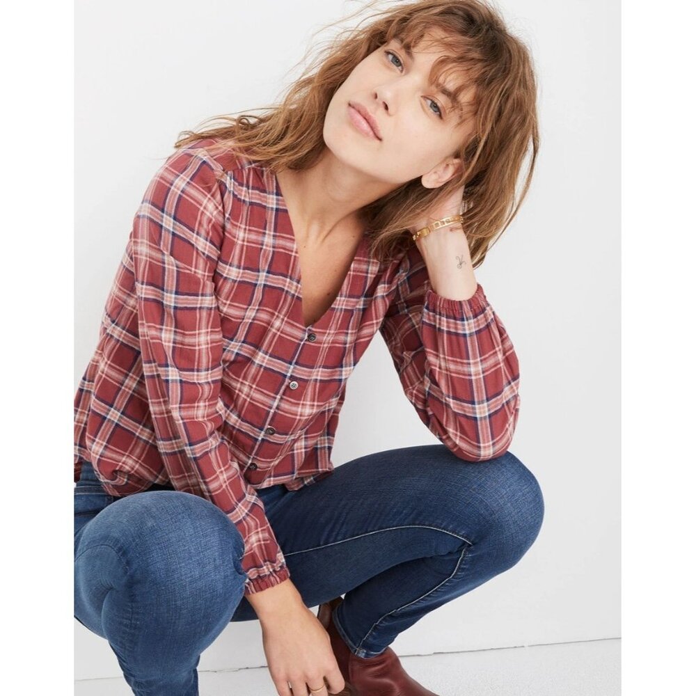 Madewell V-Neck Button-Down Shirt SMALL Pink Plaid Flannel